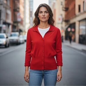 ODILLE---Red COTTON CARDIGAN WITH COLLAR FLIPPED OUT WITH BUTTONS Sz XL